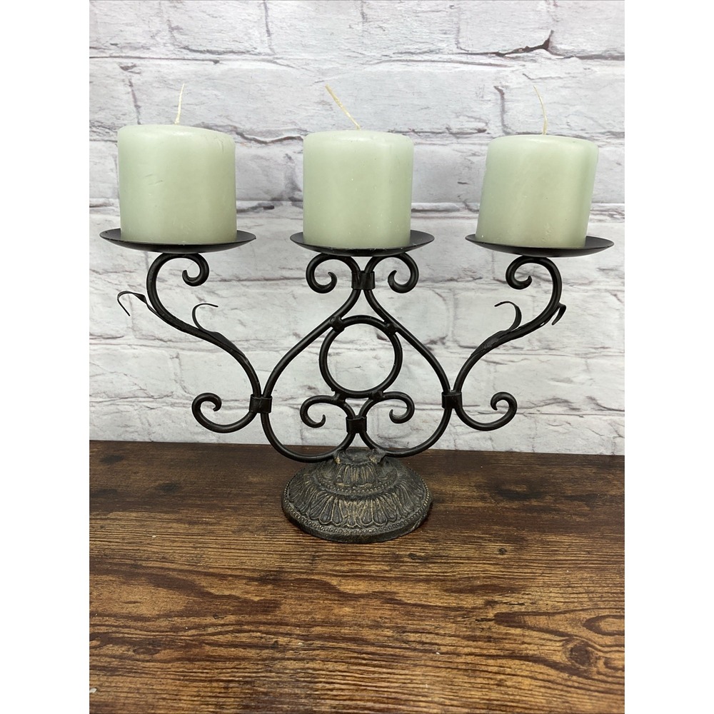 14" X 8" Vintage Cast Iron Three Pedestal Stand Candle Holder With Candles